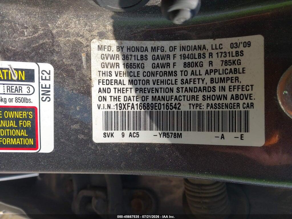 19XFA16689E016542 2009 HONDA CIVIC photo no. 9