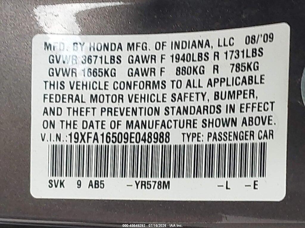 19XFA16509E048988 2009 HONDA CIVIC photo no. 9