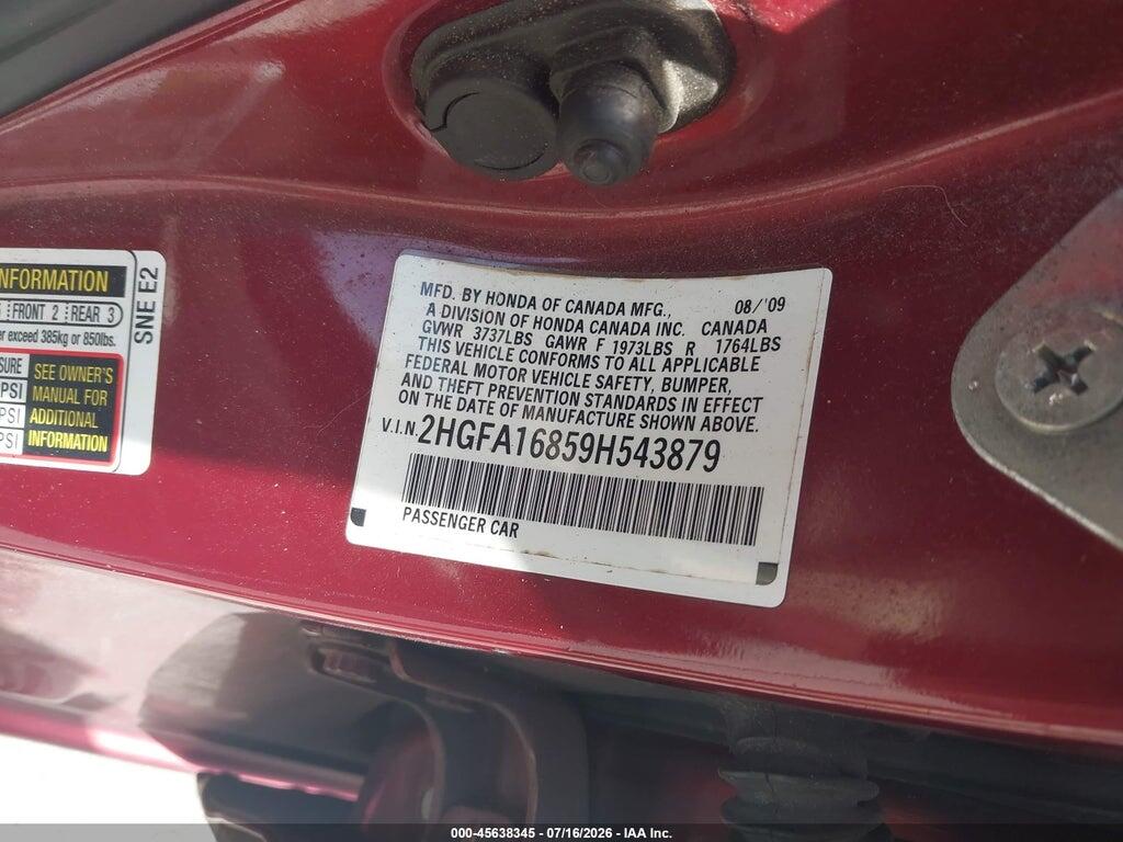 2HGFA16859H543879 2009 HONDA CIVIC photo no. 9