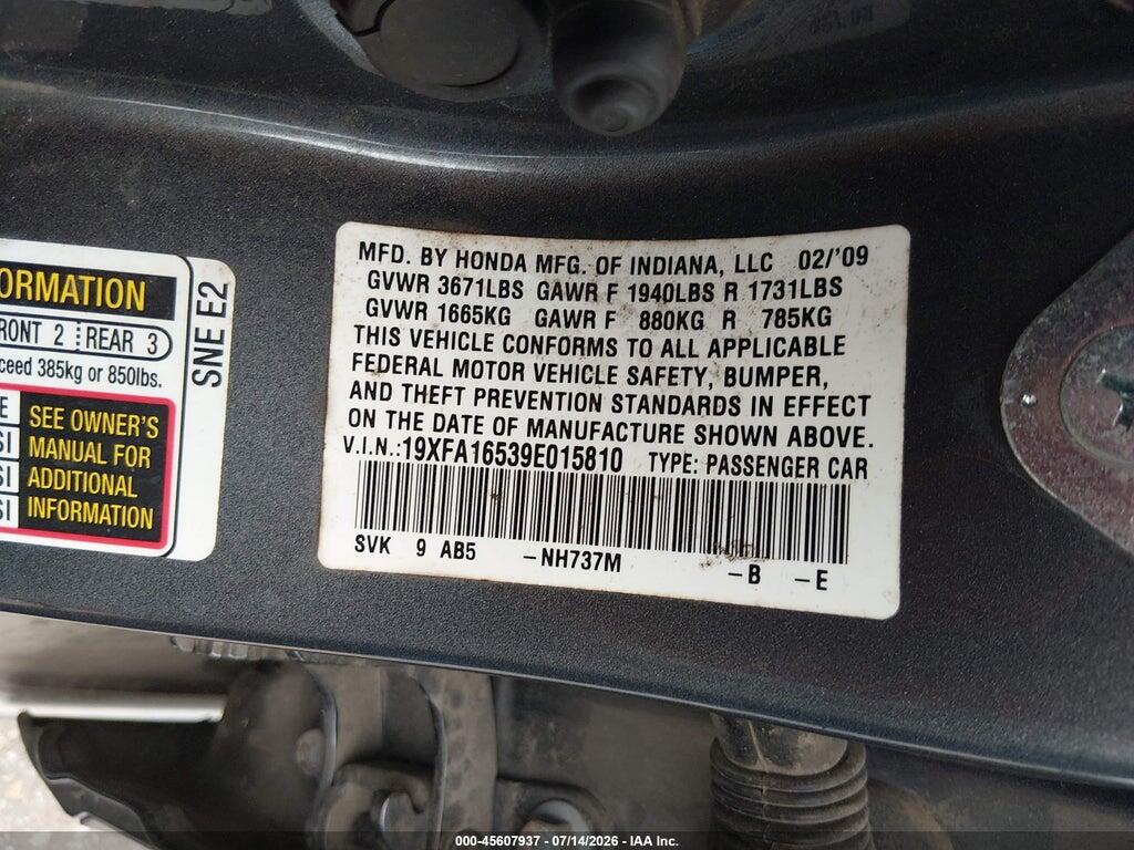 19XFA16539E015810 2009 HONDA CIVIC photo no. 9