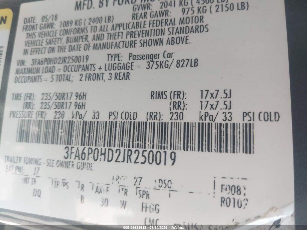 3FA6P0HD2JR250019 2018 FORD FUSION photo no. 9
