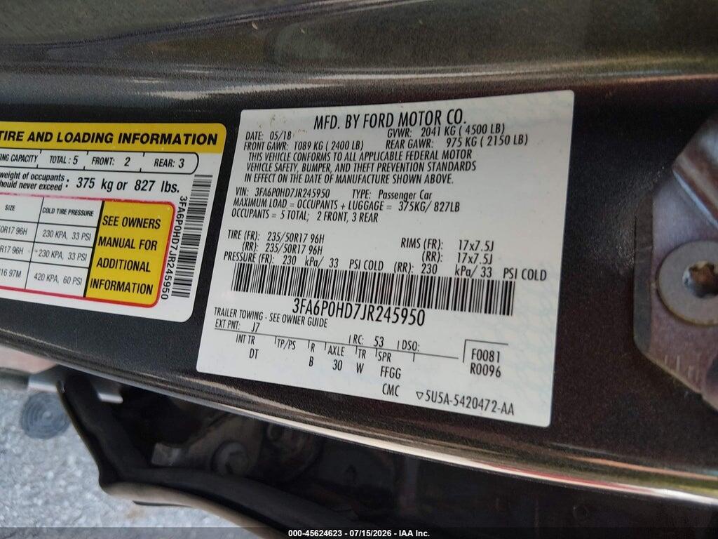 3FA6P0HD7JR245950 2018 FORD FUSION photo no. 9