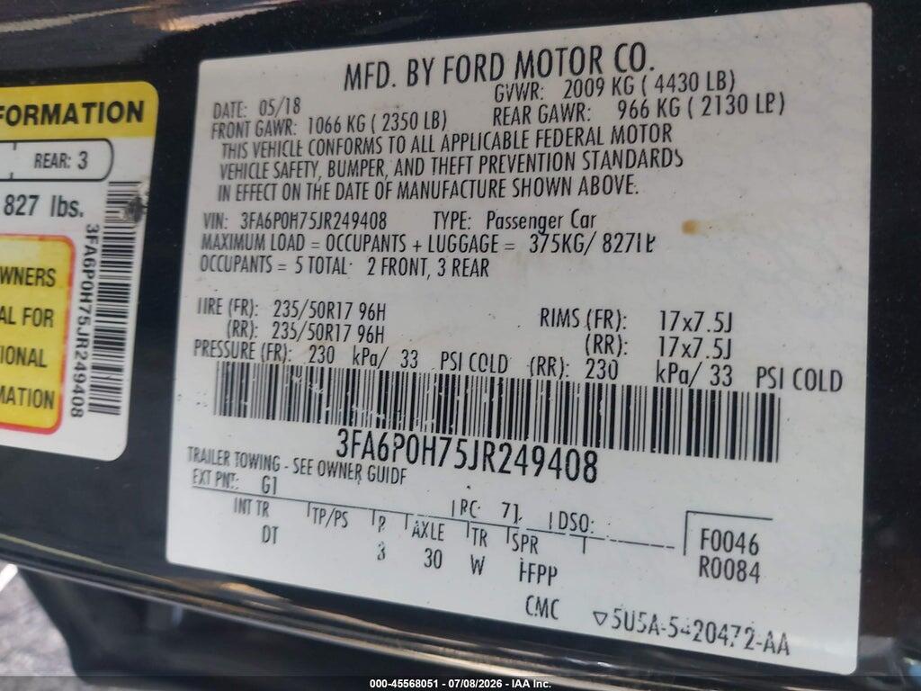 3FA6P0H75JR249408 2018 FORD FUSION photo no. 9