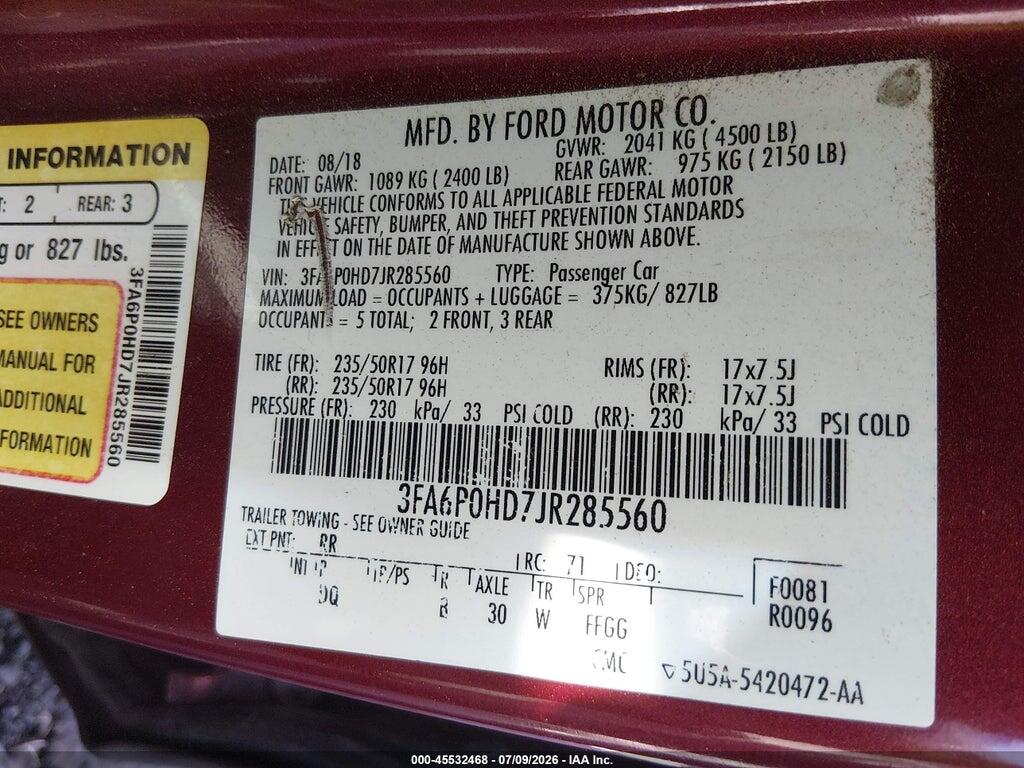 3FA6P0HD7JR285560 2018 FORD FUSION photo no. 9