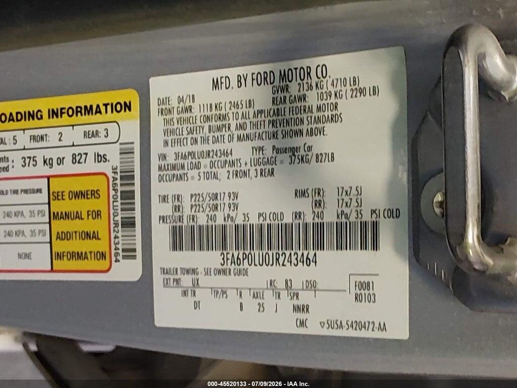 3FA6P0LU0JR243464 2018 FORD FUSION HYBRID photo no. 9