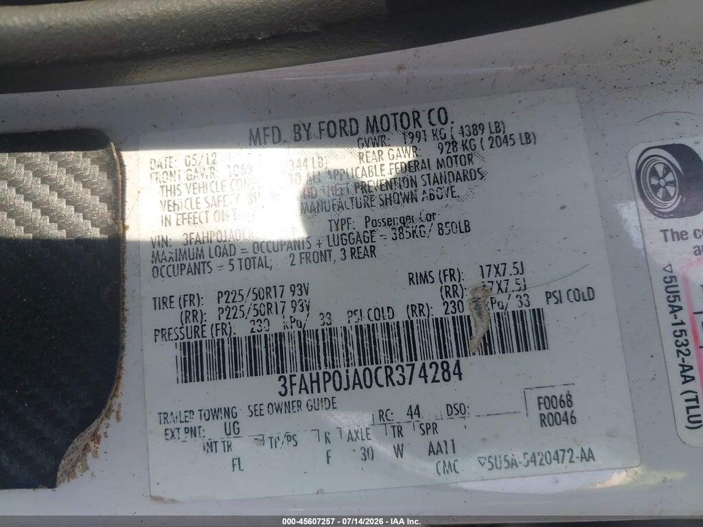 3FAHP0JA0CR374284 2012 FORD FUSION photo no. 9