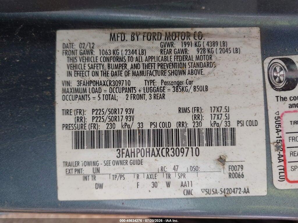3FAHP0HAXCR309710 2012 FORD FUSION photo no. 9