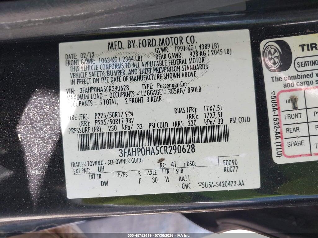 3FAHP0HA5CR290628 2012 FORD FUSION photo no. 9