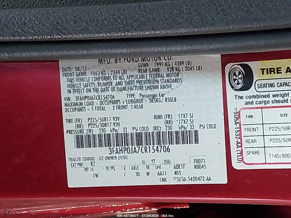 3FAHP0JA7CR154706 2012 FORD FUSION photo no. 9