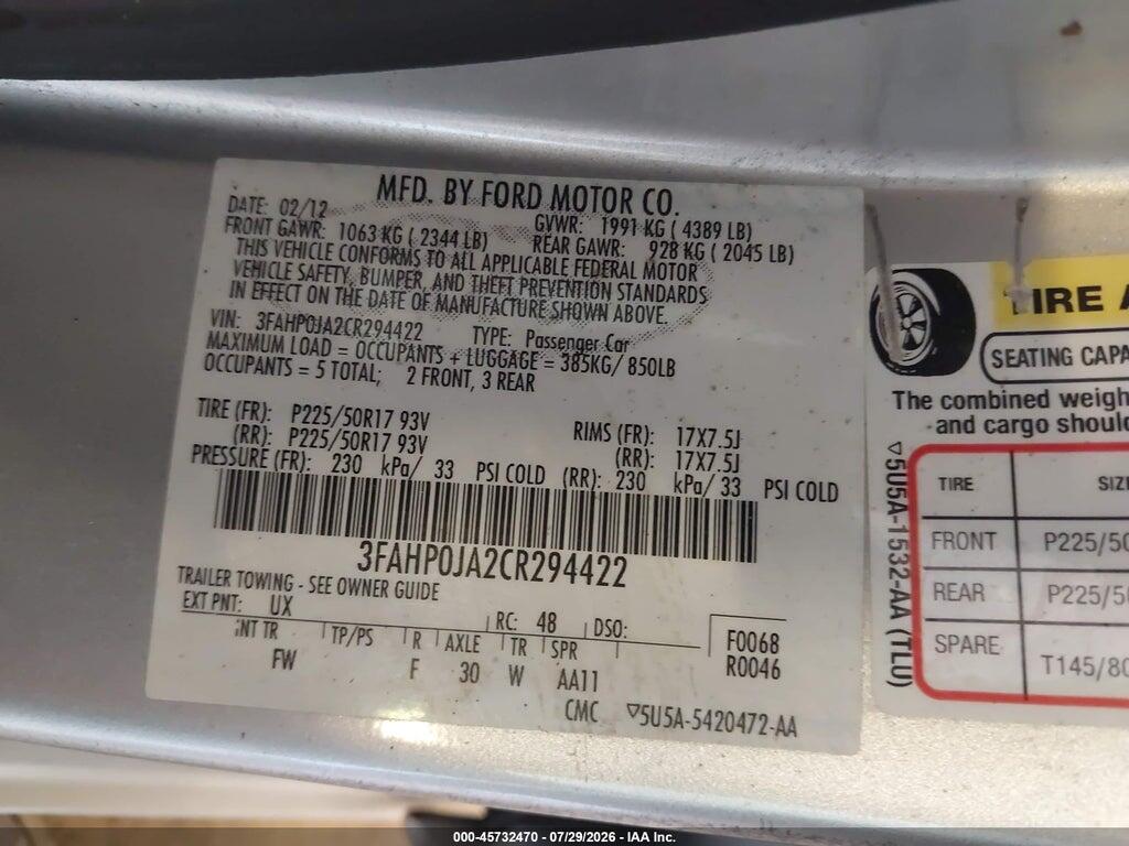 3FAHP0JA2CR294422 2012 FORD FUSION photo no. 9
