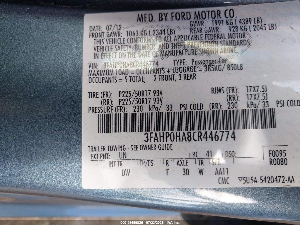 3FAHP0HA8CR446774 2012 FORD FUSION photo no. 9