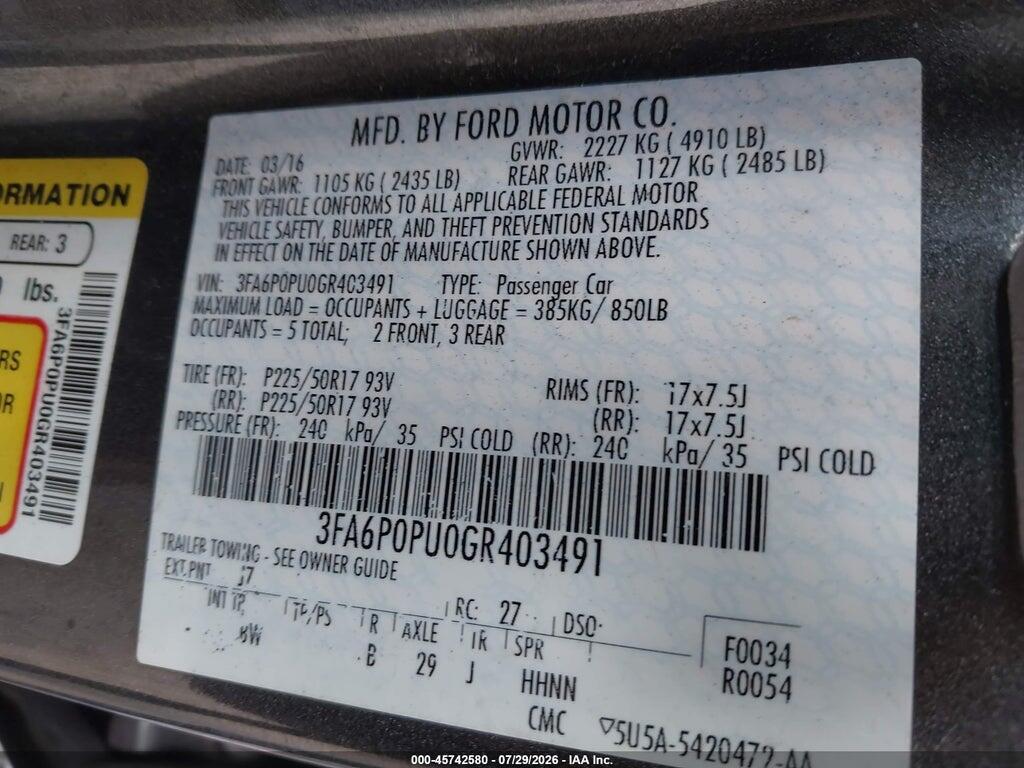 3FA6P0PU0GR403491 2016 FORD FUSION ENERGI photo no. 9