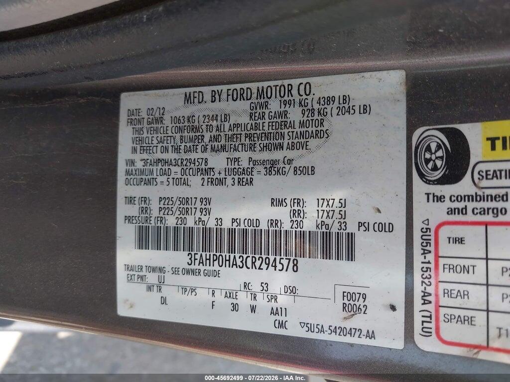 3FAHP0HA3CR294578 2012 FORD FUSION photo no. 9