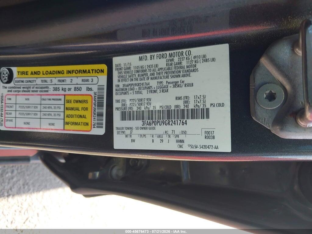 3FA6P0PU9GR241764 2016 FORD FUSION ENERGI photo no. 9