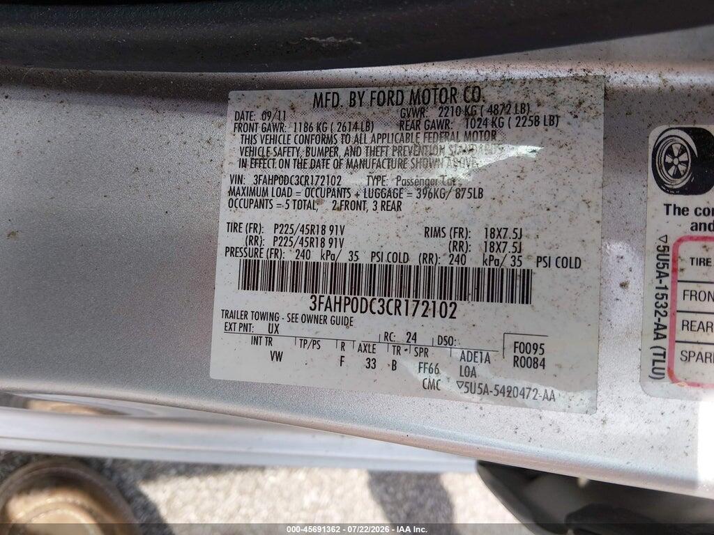 3FAHP0DC3CR172102 2012 FORD FUSION photo no. 9