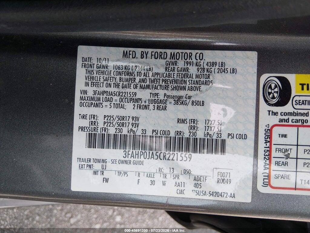 3FAHP0JA5CR221559 2012 FORD FUSION photo no. 9