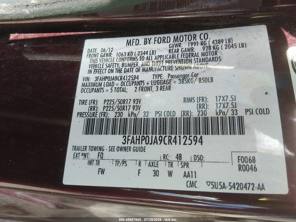 3FAHP0JA9CR412594 2012 FORD FUSION photo no. 9