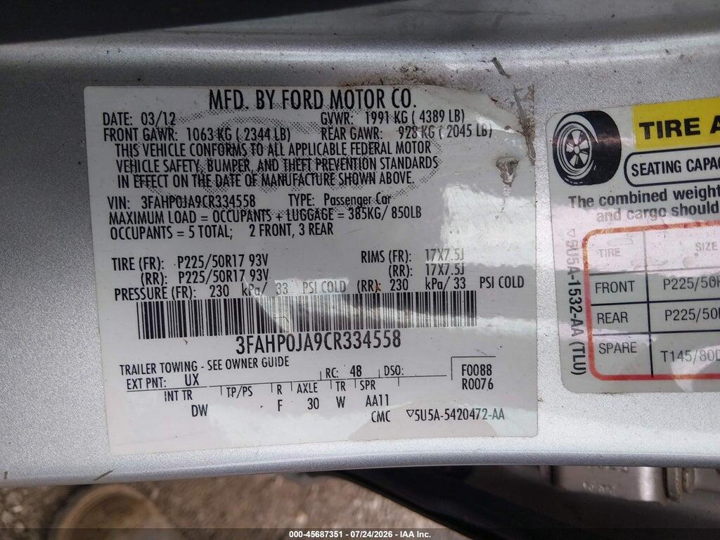 3FAHP0JA9CR334558 2012 FORD FUSION photo no. 9