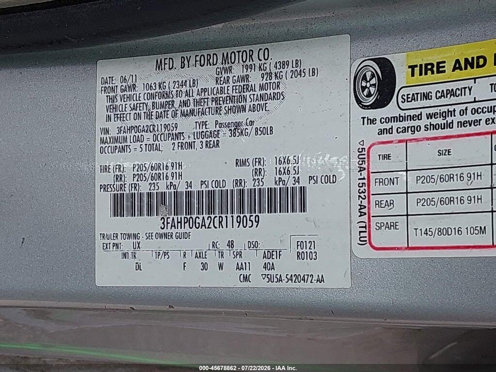 3FAHP0GA2CR119059 2012 FORD FUSION photo no. 9