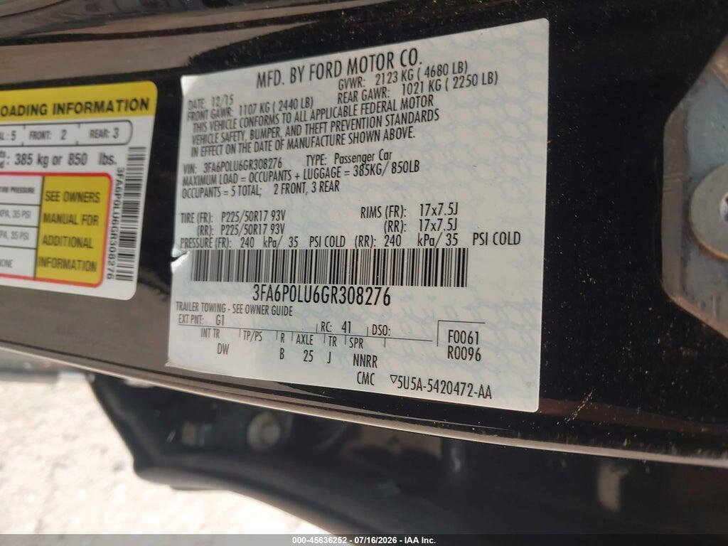 3FA6P0LU6GR308276 2016 FORD FUSION HYBRID photo no. 9