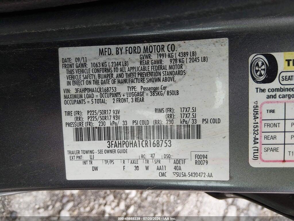 3FAHP0HA1CR168753 2012 FORD FUSION photo no. 9