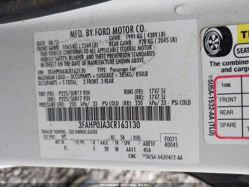 3FAHP0JA3CR163130 2012 FORD FUSION photo no. 9