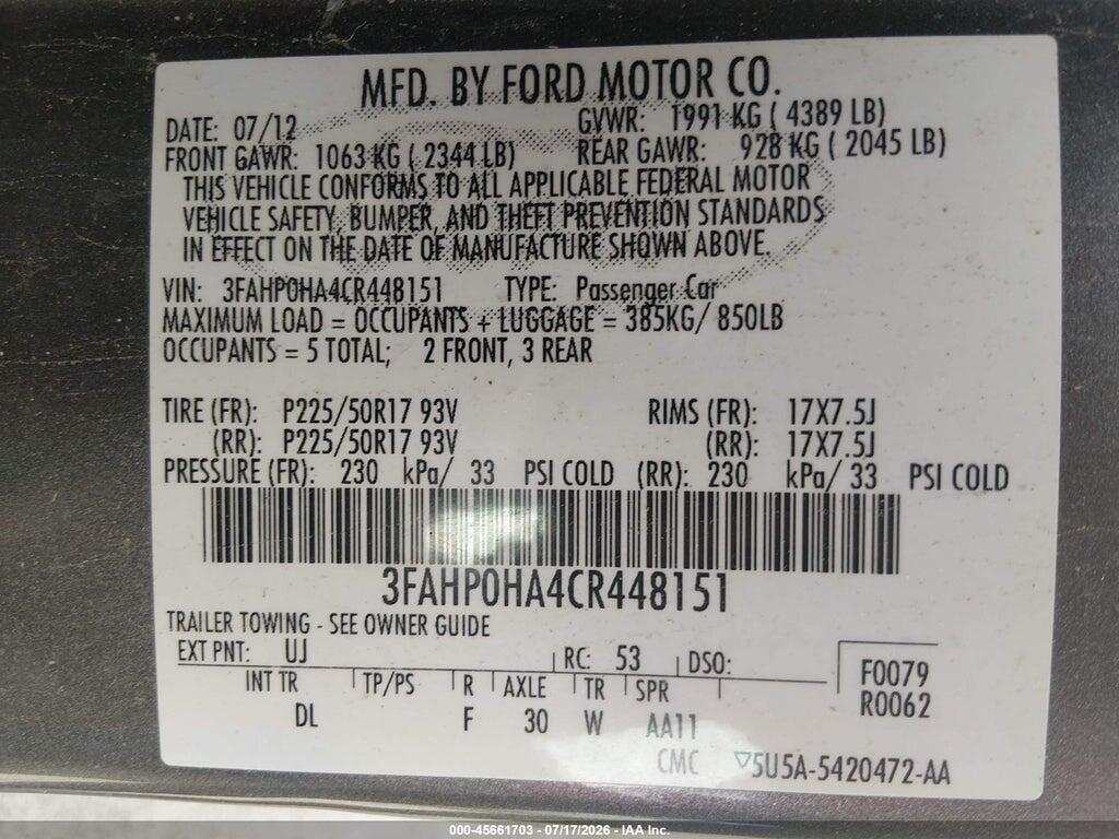 3FAHP0HA4CR448151 2012 FORD FUSION photo no. 9
