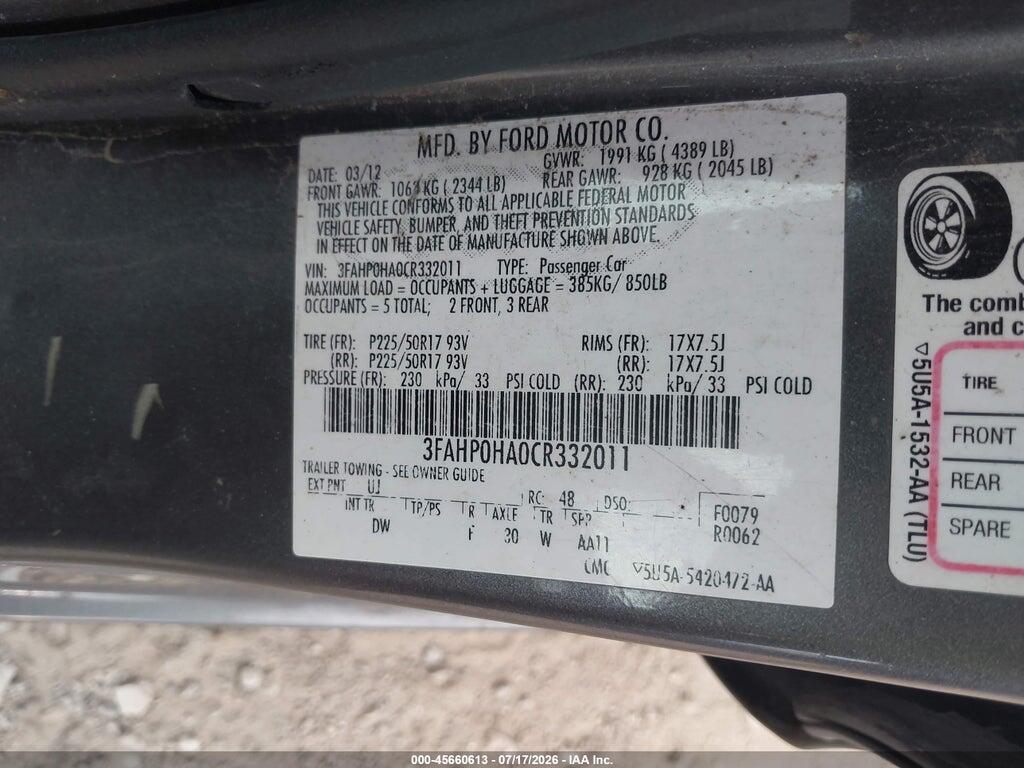 3FAHP0HA0CR332011 2012 FORD FUSION photo no. 9
