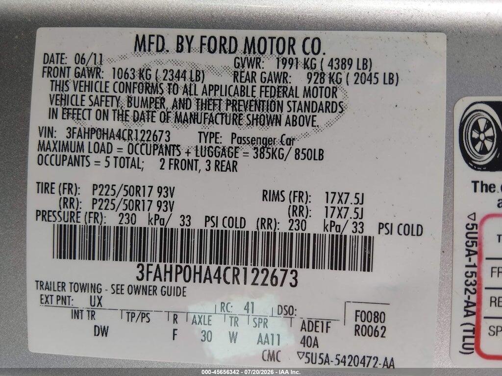 3FAHP0HA4CR122673 2012 FORD FUSION photo no. 9