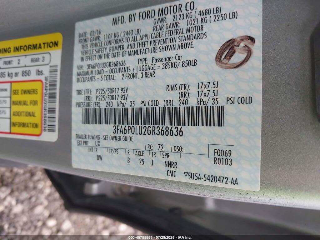 3FA6P0LU2GR368636 2016 FORD FUSION HYBRID photo no. 9