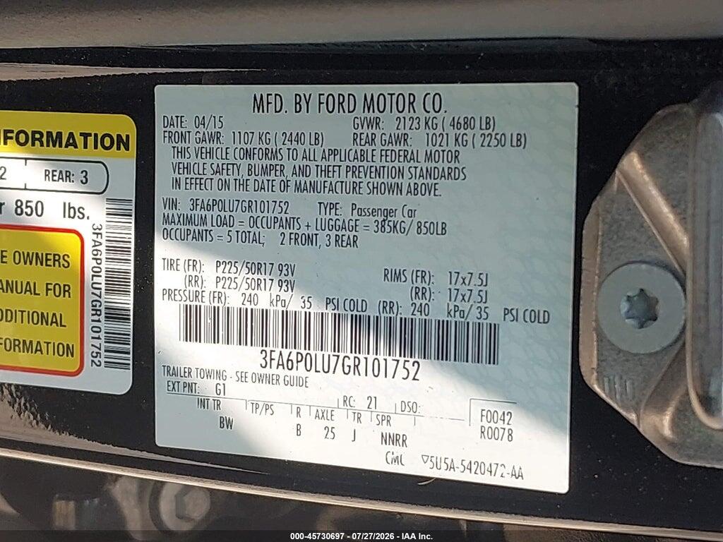 3FA6P0LU7GR101752 2016 FORD FUSION HYBRID photo no. 9