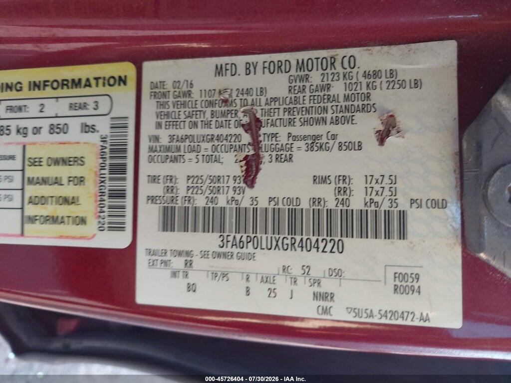 3FA6P0LUXGR404220 2016 FORD FUSION HYBRID photo no. 9