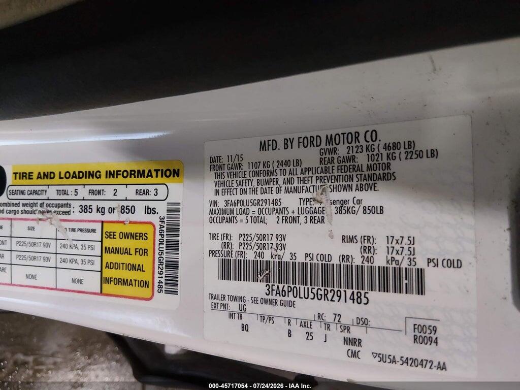 3FA6P0LU5GR291485 2016 FORD FUSION HYBRID photo no. 9