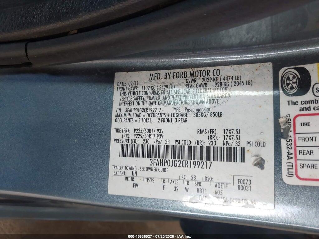 3FAHP0JG2CR199217 2012 FORD FUSION photo no. 9