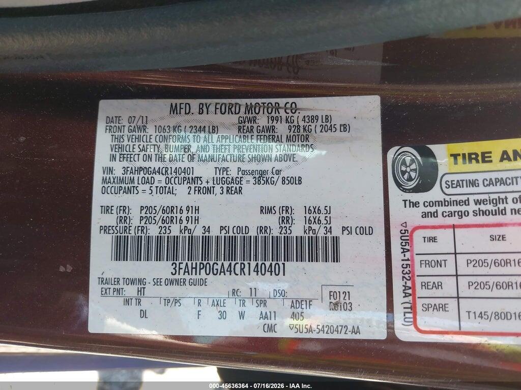 3FAHP0GA4CR140401 2012 FORD FUSION photo no. 9