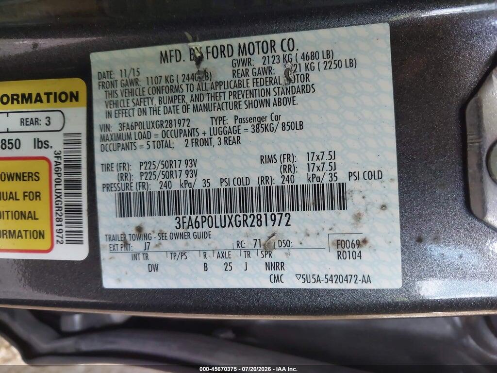 3FA6P0LUXGR281972 2016 FORD FUSION HYBRID photo no. 9