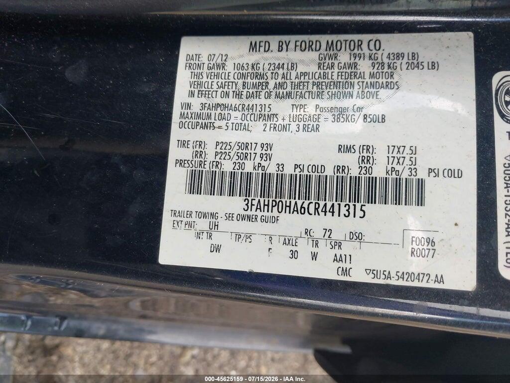 3FAHP0HA6CR441315 2012 FORD FUSION photo no. 9