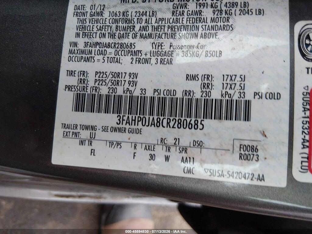 3FAHP0JA8CR280685 2012 FORD FUSION photo no. 9