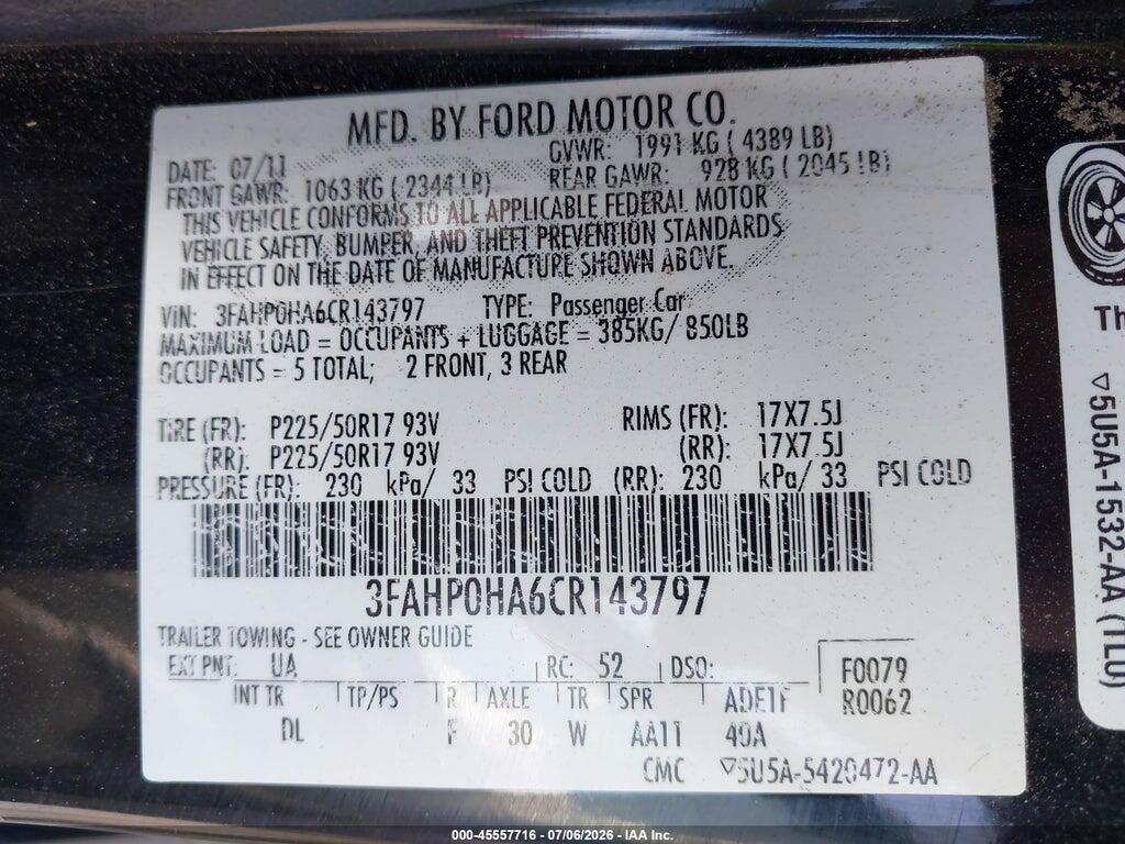 3FAHP0HA6CR143797 2012 FORD FUSION photo no. 9