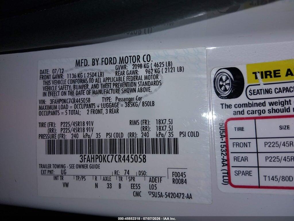 3FAHP0KC7CR445058 2012 FORD FUSION photo no. 9