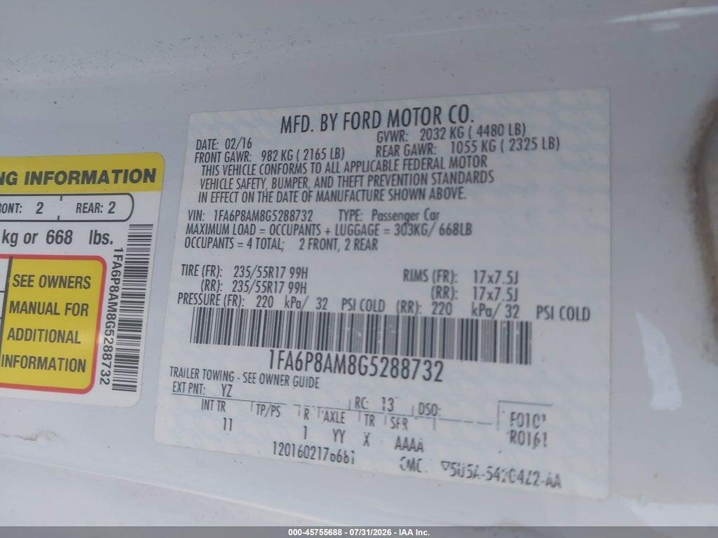 1FA6P8AM8G5288732 2016 FORD MUSTANG photo no. 9