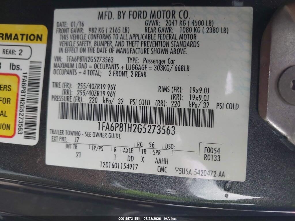 1FA6P8TH2G5273563 2016 FORD MUSTANG photo no. 9