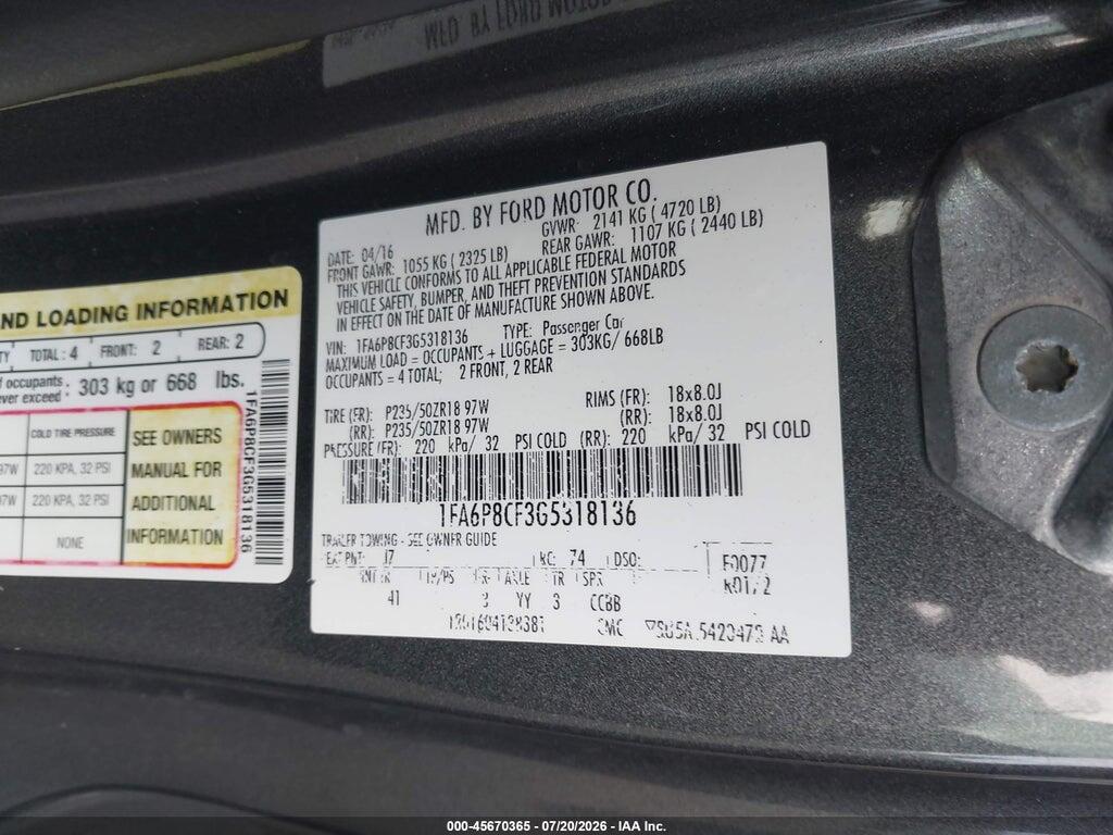 1FA6P8CF3G5318136 2016 FORD MUSTANG photo no. 9