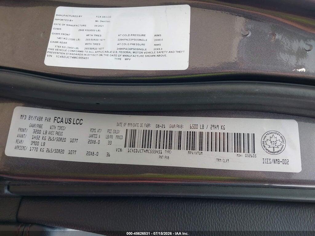 1C4SDJCT4MC555451 2021 DODGE DURANGO photo no. 9