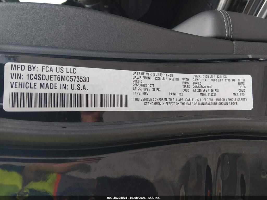 1C4SDJET6MC573530 2021 DODGE DURANGO photo no. 9