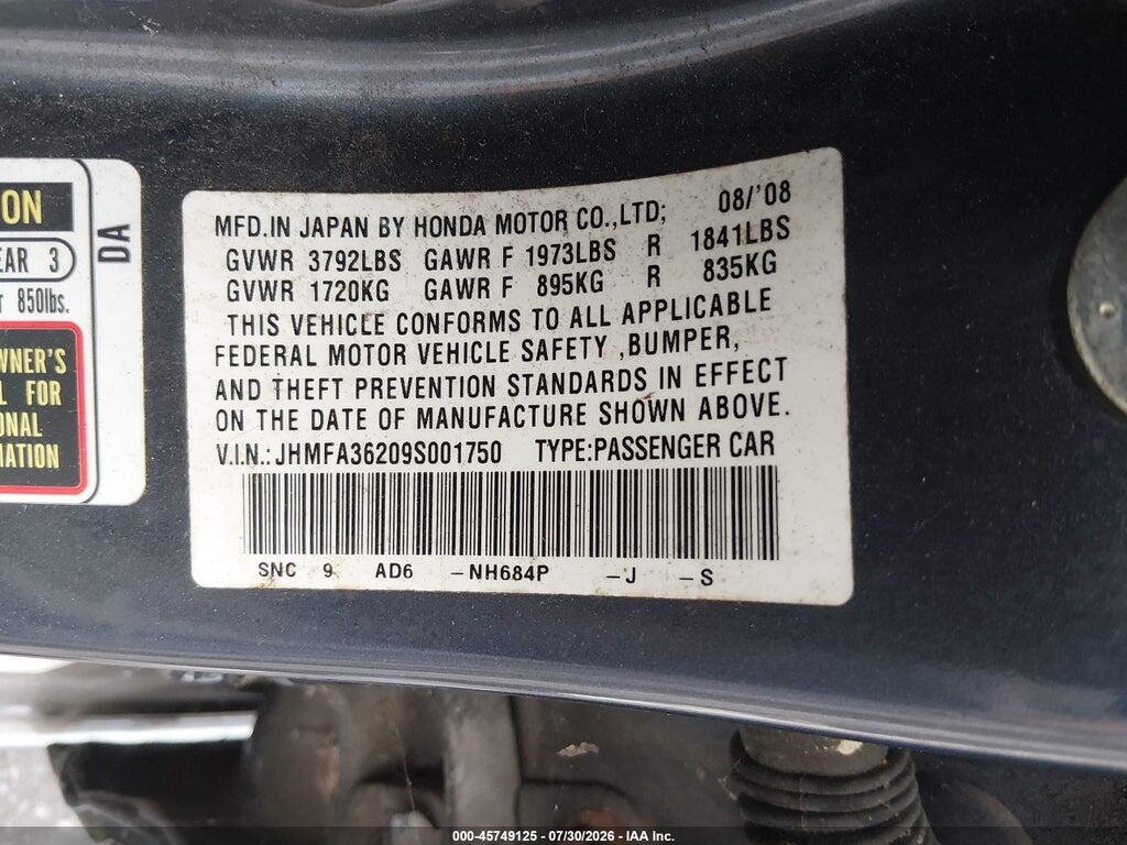 JHMFA36209S001750 2009 HONDA CIVIC HYBRID photo no. 9