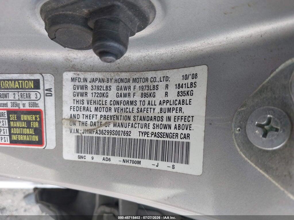 JHMFA36299S007692 2009 HONDA CIVIC HYBRID photo no. 9