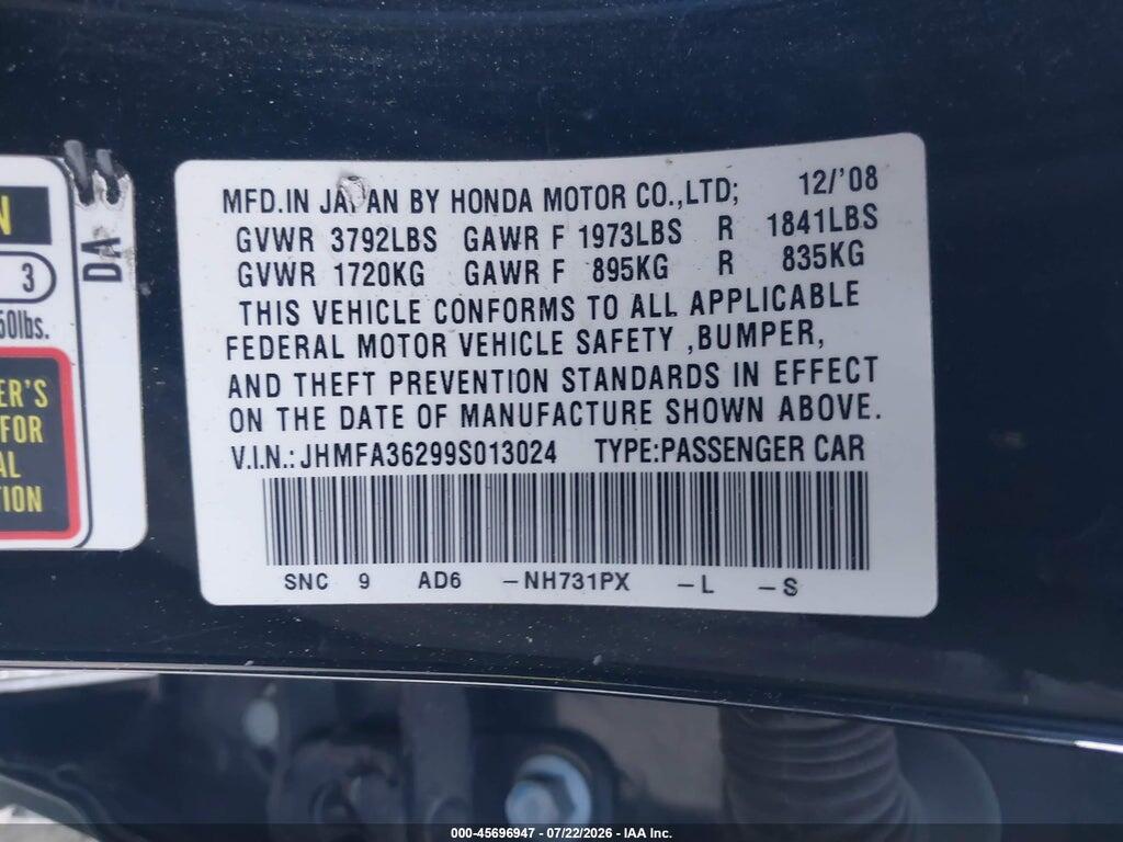 JHMFA36299S013024 2009 HONDA CIVIC HYBRID photo no. 9