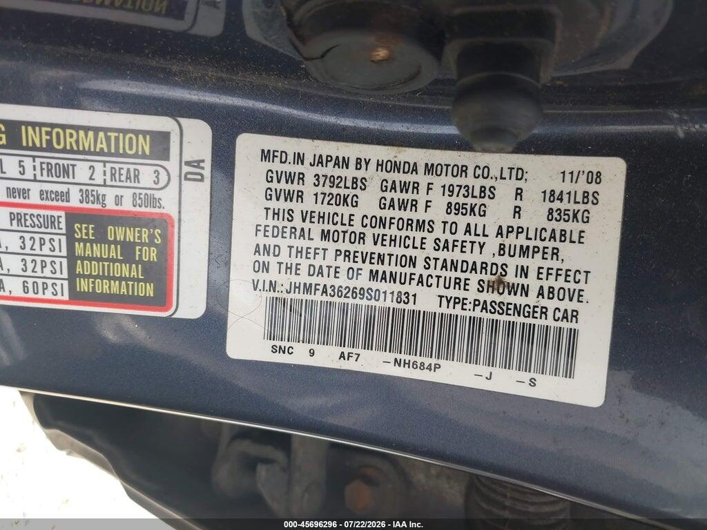 JHMFA36269S011831 2009 HONDA CIVIC HYBRID photo no. 9