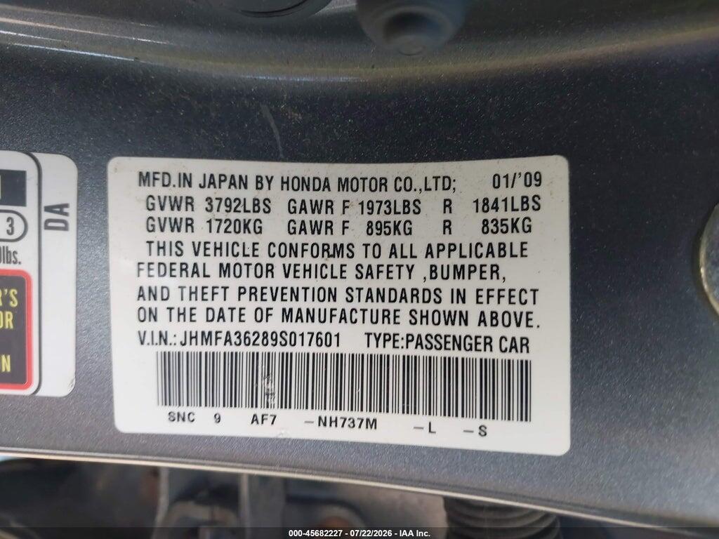 JHMFA36289S017601 2009 HONDA CIVIC HYBRID photo no. 9